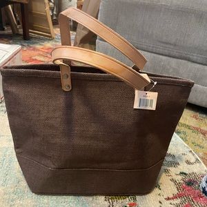 Muche et Muchette brown burlap tote w/ leather handles